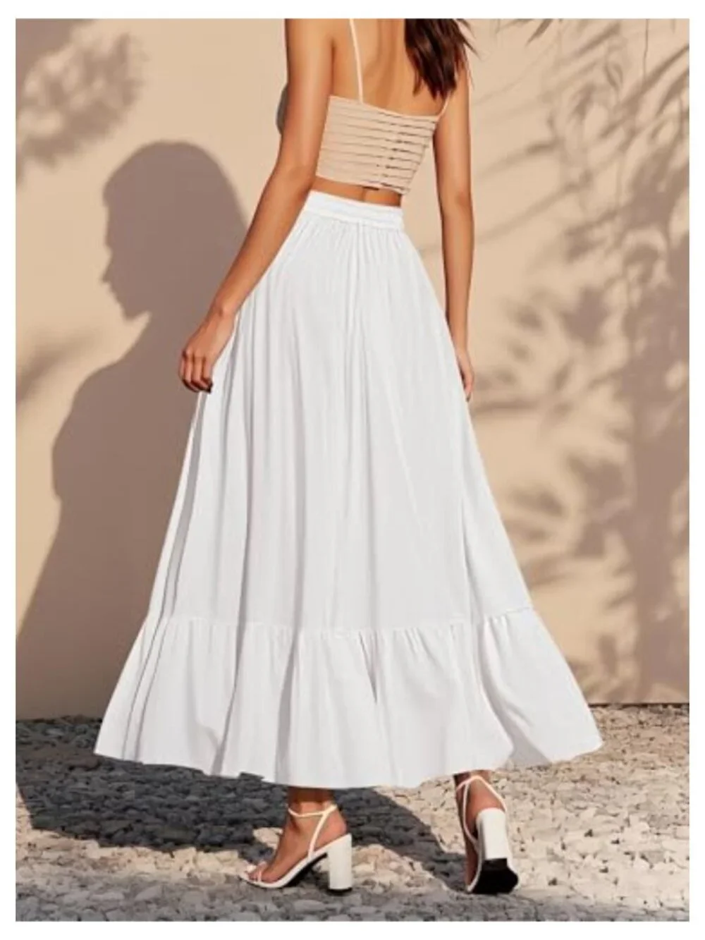 Boho Flowy Maxi Skirt with Pockets Elastic Waist A-Line